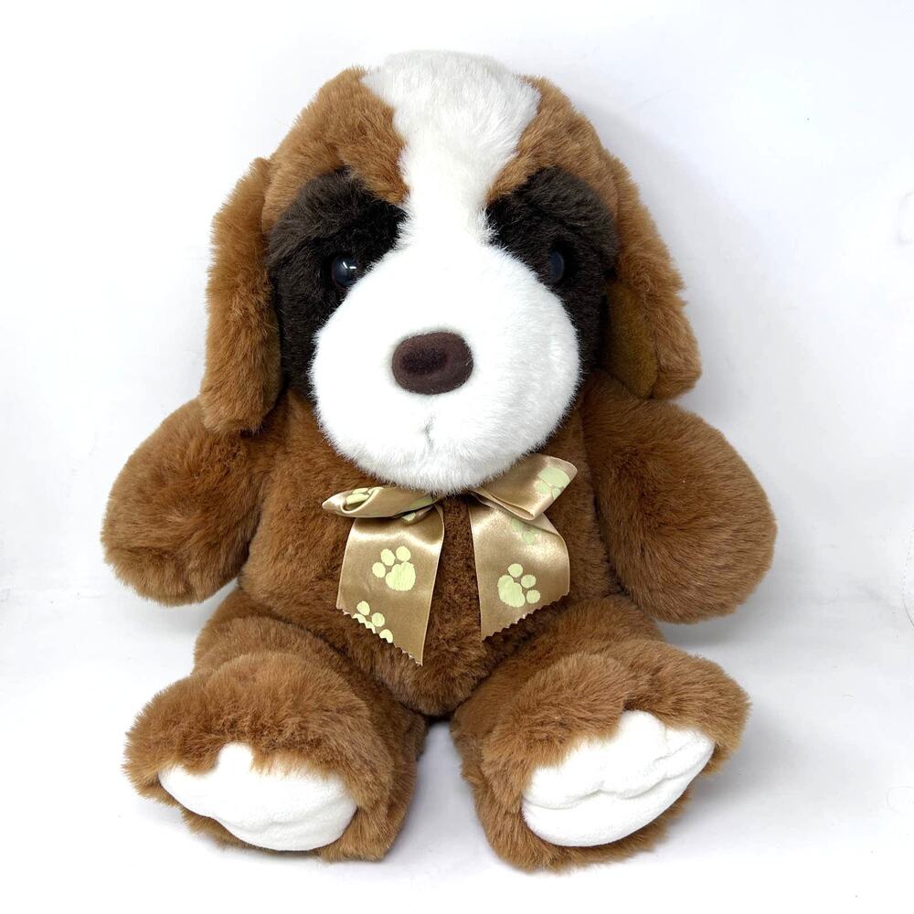 Vintage St Bernard Puppy Dog Plush Large 20" Paw Print Satin‎ Bow TB Trading